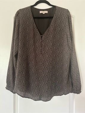 LOFT Brown Printed V-Neck Long Sleeve Blouse with Tiny Cream Print